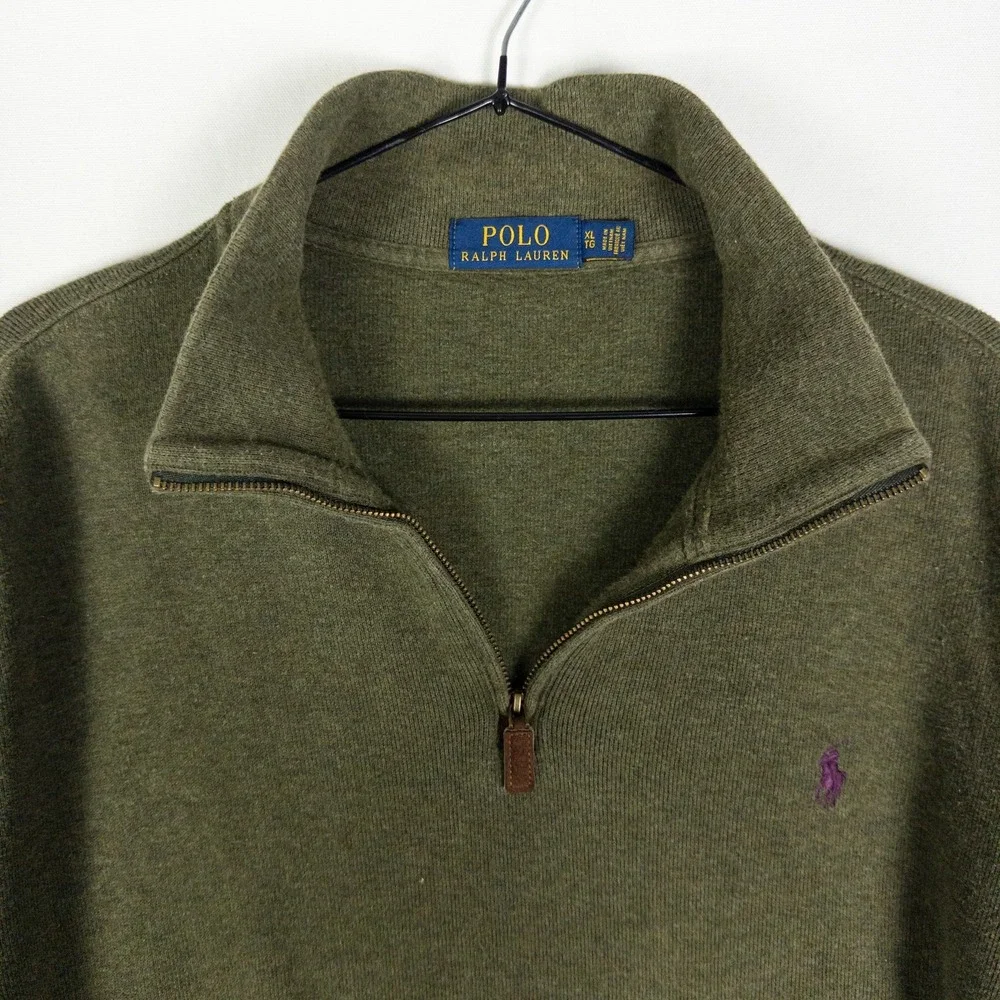 Polo Ralph Lauren Quarter Zip Pullover Sweater Mens XL Olive Green Preppy Herita